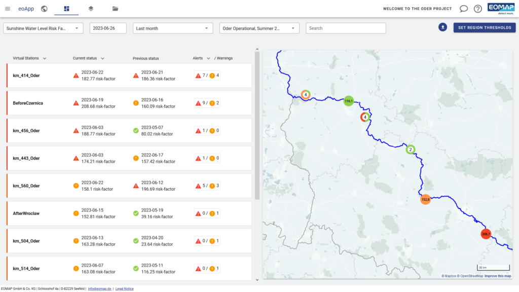 eoApp Dashboard by EOMAP shows risk of algae blooms along the Oder river