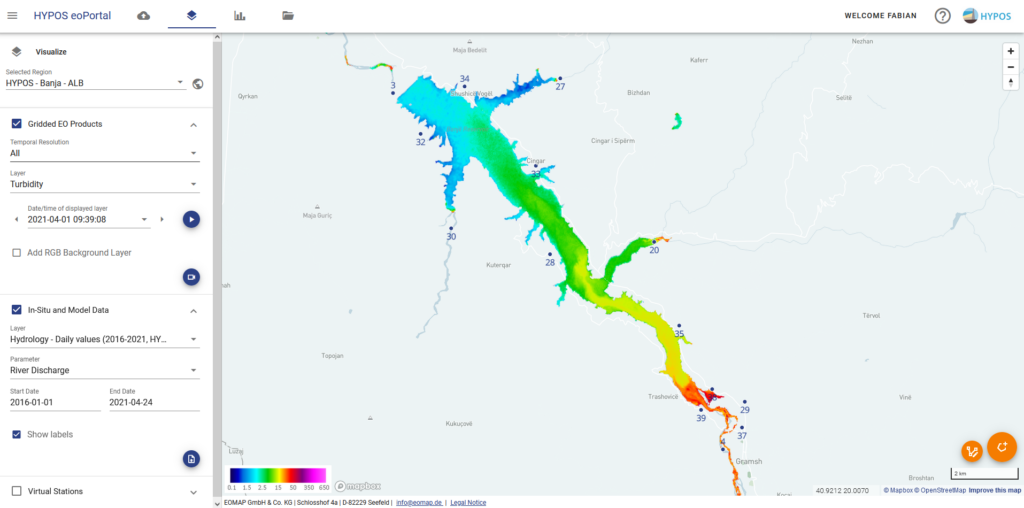 HYPOS_Banja_Albania_Turbidity Banja hydropower reservoir shown by the eoApp by EOMAP