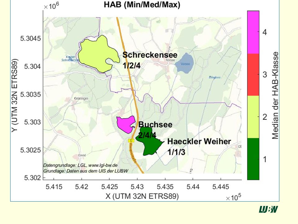 SAMOSEE_image_HAB Harmful Algae Blooms on a map of small lakes of Baden-Württemberg