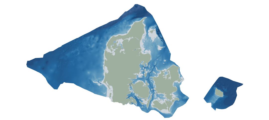 A map showing bathymetry of the Danish Depth Model - Denmark's shallow waters.
